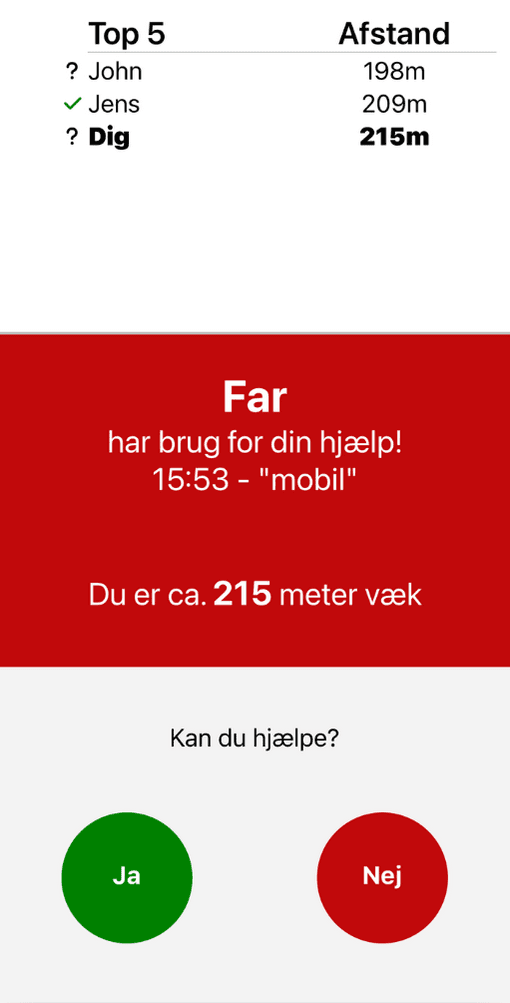 Alarmen som den ser ud på hjælperens telefon: navn, afstand og Ja/Nej-svar